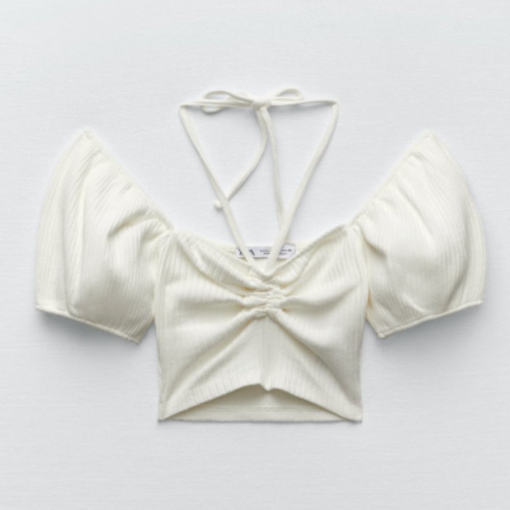 ZARA RIBBED KNIT WHITE RUCHED CROP TOP